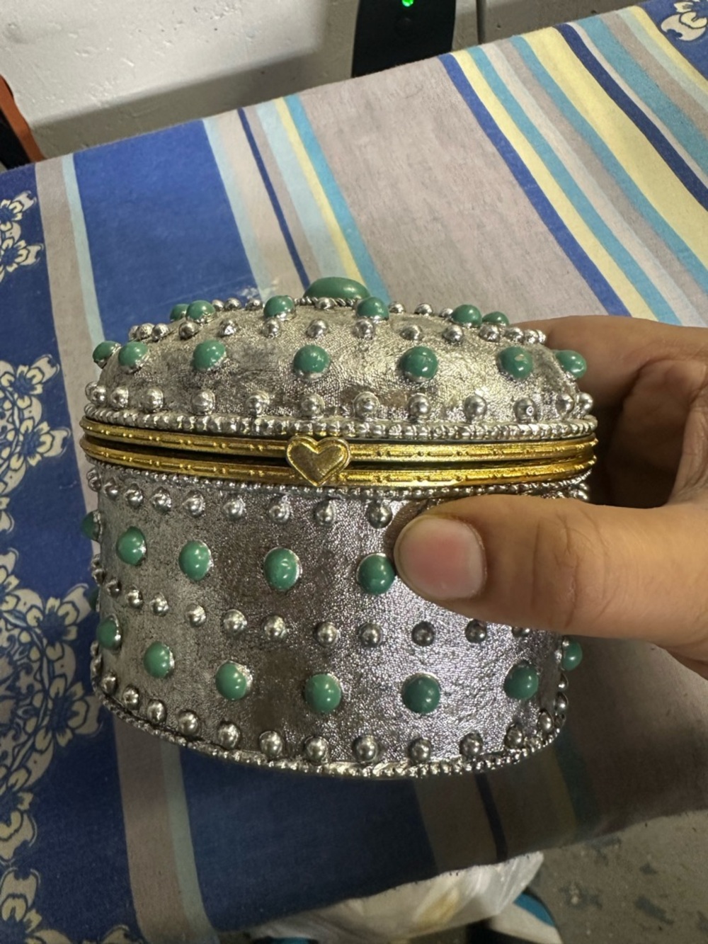 Silver and Green Jeweled Round Jewelry Box Purse